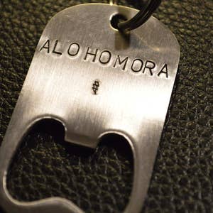 ALOHOMORA bottle opener hand stamped keychain Barware for older Potter fans. Optional heart or lightning bolt Birthday or friend gift image 3