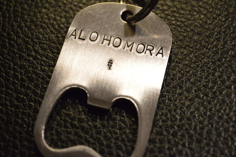 ALOHOMORA bottle opener hand stamped keychain Barware for older Potter fans. Optional heart or lightning bolt Birthday or friend gift image 3