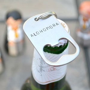 ALOHOMORA bottle opener hand stamped keychain Barware for older Potter fans. Optional heart or lightning bolt Birthday or friend gift image 1