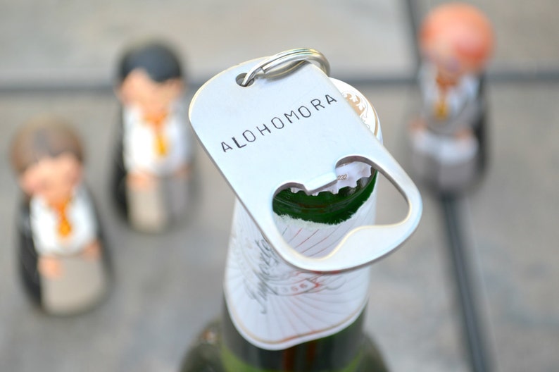 ALOHOMORA bottle opener hand stamped keychain Barware for older Potter fans. Optional heart or lightning bolt Birthday or friend gift image 1