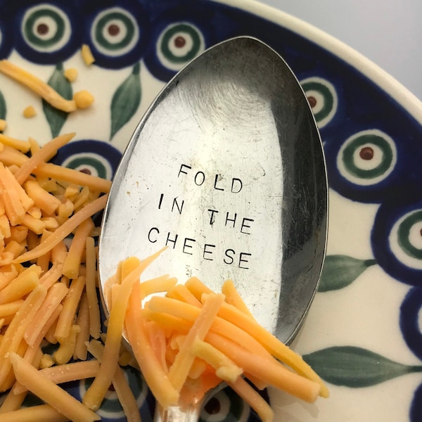 FOLD in the CHEESE. SC, S C inspired fan art.  Hand stamped on a vintage silver plate serving spoon