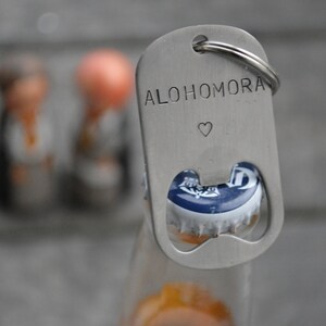 ALOHOMORA bottle opener hand stamped keychain Barware for older Potter fans. Optional heart or lightning bolt Birthday or friend gift image 2