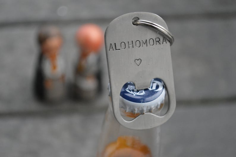 ALOHOMORA bottle opener hand stamped keychain Barware for older Potter fans. Optional heart or lightning bolt Birthday or friend gift image 2