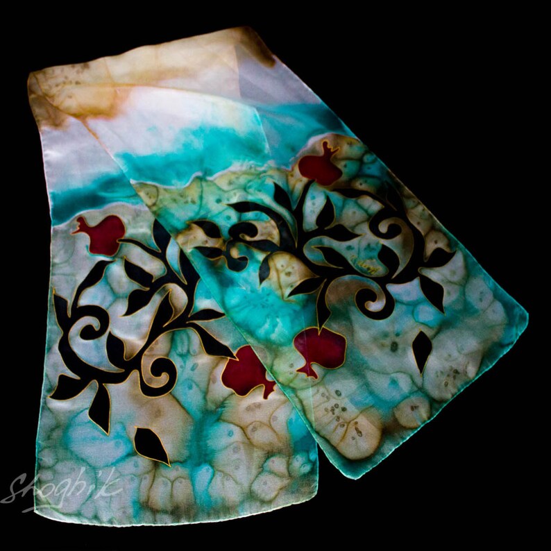 Hand Painted Silk Scarf White Armenian silk scarf Batik Black Pomegranate Red Brown Turquoise Gift