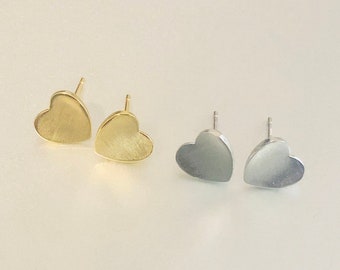 Plain 925 Sterling Silver Minimalist, Small Heart Stud Earrings, Gold-Silver Stud Earrings, Gold Heart Earrings, Shiny Gold Stud Earrings