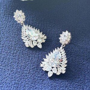 Teardrop Cluster CZ Bridal Earrings | Sparkling Crystal Dangle Earrings for Weddings, Proms & Special Events | Elegant Gift for Her