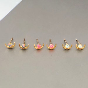 Fire Opal Sterling Silver Stud Earrings, Simple Style Small Cute Opal Earring, Blue-Pink Opal Minimalist Earrings
