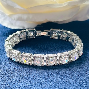 Elegant Silver Tennis Bracelet with Round & Princess Cut CZ – Sparkling Cubic Zirconia Statement Bracelet, Luxury Bridal or Evening Jewelry