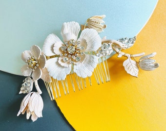 Small&Large Flower Gold, 13cm Bridal Flower Hair Comb, Wedding Hair Jewelry, Rhinestone Flower And Leaves Gold Hair Piece, Up-Do Hair Comb