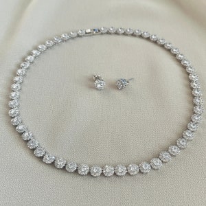 Set med genomskinliga runda brudhalsband, silverbröllopssmycken med CZ, brudhalsband med kubisk zirkonia, chokerjuvel med CZ för brud, present till brud