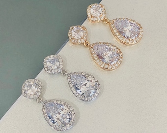 Silver-Gold Drop CZ Earrings, Wedding Earrings, Cubic Zirconia Earrings, Bridal Earring Jewelry, Dainty Earrings, Silver-Gold Drop Earrings