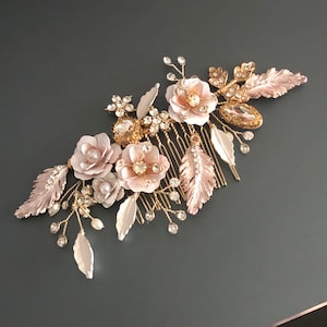 Flower-Leave Gold Hair Comb, Gold Pearl-Rhinestone Hair Comb, Bridal Leaf Hair Piece, Hair Accessories, Flower Wedding Hair Comb-Piece