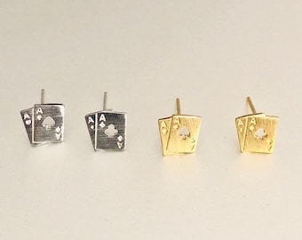 Ace Stud Earrings In Sterling Silver, Lucky Playing Card Stud Earrings, Pocket Ace Stud Earrings, Poker Ace Earrings, Playing Card Jewelry