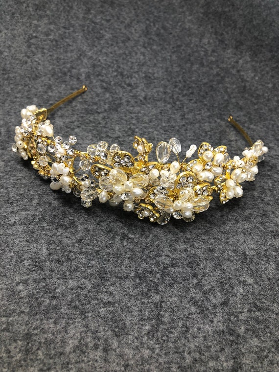 Crystal Bridal Tiara, Gold Rhinestone Tiara, Wedding Crystal  display picture 1