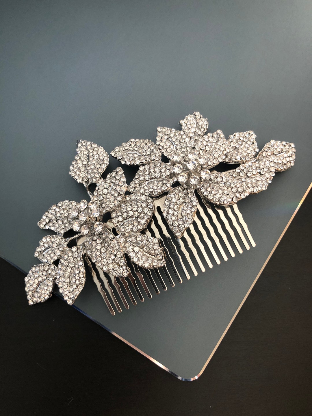 Silver Rhinestone Bridal Hair Comb: Floral Wedding Hairpiece  display picture 1