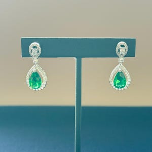 Emerald Green Teardrop Earrings, Halo Drop Dangle Earrings, Vintage Style Bridal Jewelry, Elegant Green CZ Formal Statement Earrings