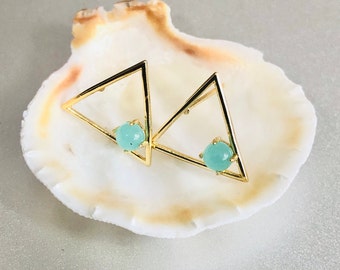 Green Color Crystal Triangle Earrings In Gold, Green Marble Minimalist Earrings, Triangle With Green Center Stone Earrings