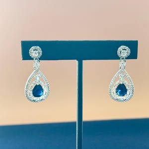 Sapphire Blue CZ Teardrop Halo Earrings – Elegant Bridal Wedding Jewelry, Bridesmaid Gift, Statement Dangle Earrings for Formal Occasions