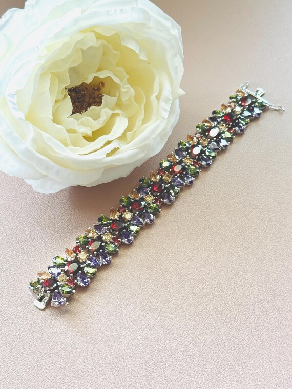 Vibrant Multi-colored Crystal Statement Bracelet – Floral  display picture 3