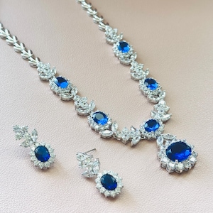 Royal Blue Crystal Floral Jewelry Set: Silver Plated Wedding Evening Set