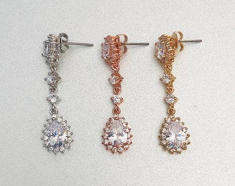 Bijoux de mariage floraux argent-or-or rose, boucles d’oreilles Flower Drop, boucles d’oreilles de mariage CZ Clear, boucles d’oreilles en cristal, boucles d’oreilles en zircone cubique