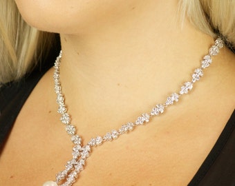 Wedding Pearl Necklace & Earrings Set – Silver Rhinestone Bridal Jewelry | Bride, Bridesmaid Gift For Party & Prom
