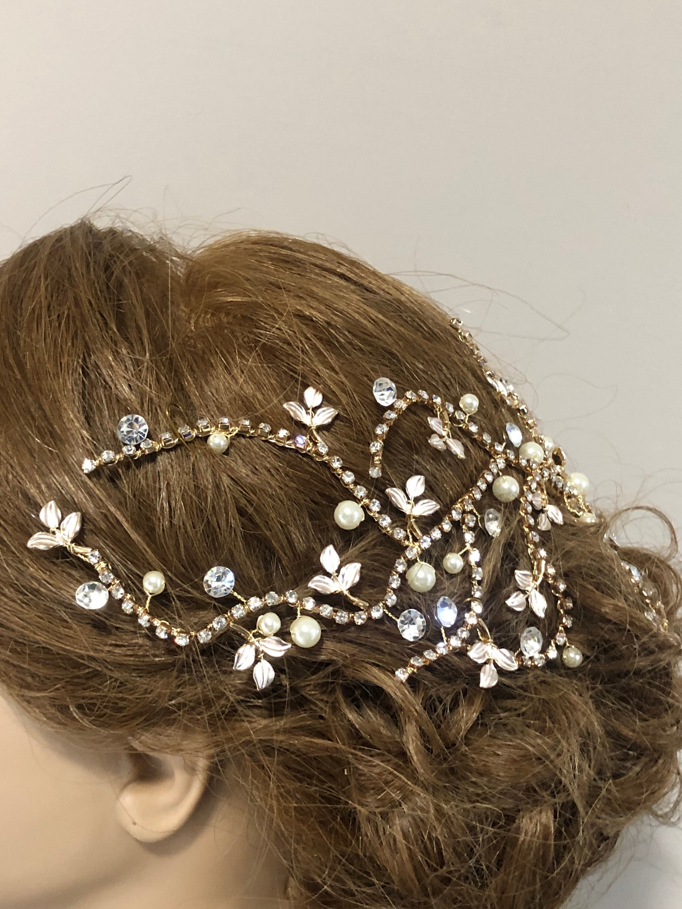 NWT Symphony Bridal Headpiece Round Gold with Rhinestone/Pearl Golden Pearl Headpiece Celestial Goddess Bridal Tiara  main image 2