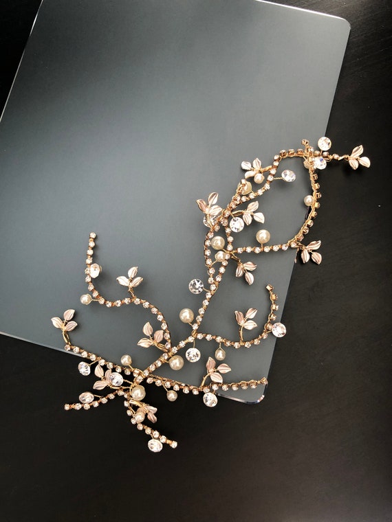 Round Rhinestone Gold Pearl Bridal Hair Piece, Gold Wedding  display picture 2