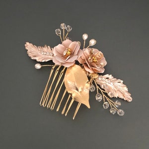 Gold Floral Bridal Hair Comb, Golden Pearl-Rhinestone Hair Comb, Bridal Hair Piece, Hair Accessories For Her, Gold Flower Wedding Comb