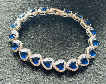 Bracelet coeur saphir bleu : bijoux de mariée en cristal plaqué argent