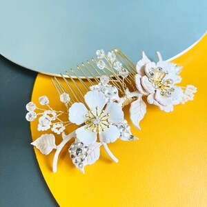 Double Flower 11.5cm Design Gold Hair Comb, Gold Pearl-Rhinestone Hair Comb, Wedding Flower Hair Jewelry, Flower&Leaves Gold Hair Comb