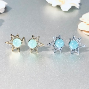 Gold-Silver Half Star Stud Earrings With Green Crystal, Half-Star Stud Earrings, Tiny Star Earrings, Celestial Earrings, Starburst Earrings