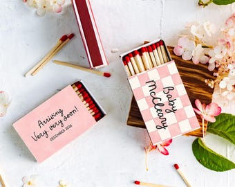 Cajas de cerillas personalizadas para baby shower - Recuerdos para invitados - Decoración de mesa - Fiesta de revelación de género - Cerillas personalizadas