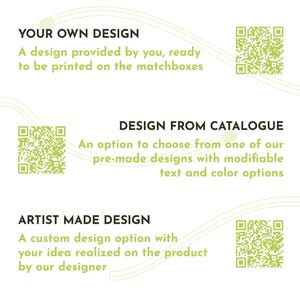May include: White background with text options for matchbox designs. Options include 'Your Own Design', 'Design From Catalogue', and 'Artist Made Design'. Each option has a brief description and a QR code. The text is in a dark green color.