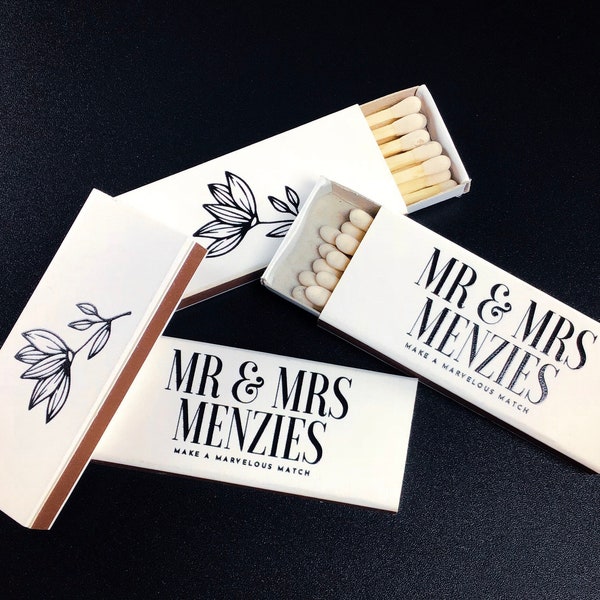 Cajas de cerillas personalizadas para Mr y Mrs - Diseño personalizado Mr&Mrs Matches - Favores de boda minimalistas - Favores de boda en el patio al aire libre - Decoración de bodas