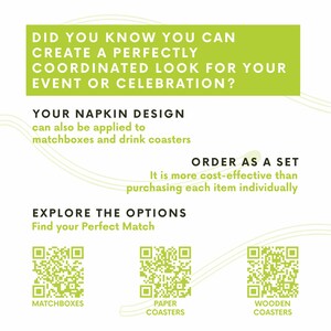 May include: An image with text advertising coordinated event decor. The text includes "Did you know you can create a perfectly coordinated look for your event or celebration?" and "Your napkin design can also be applied to matchboxes and drink coasters."
