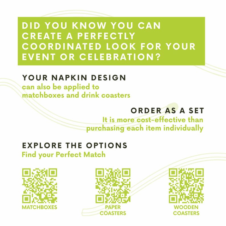 May include: An image with text advertising coordinated event decor. The text includes "Did you know you can create a perfectly coordinated look for your event or celebration?" and "Your napkin design can also be applied to matchboxes and drink coasters."