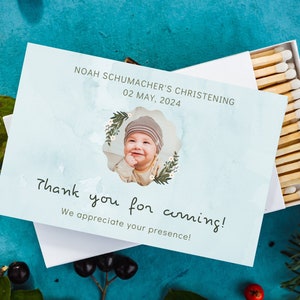 Set di 5 scatole di fiammiferi GRANDI "BATTESIMO". Grazie partite per gli ospiti. Design personalizzato con foto e testo. Fidanzamento. Bambino 1 ° compleanno