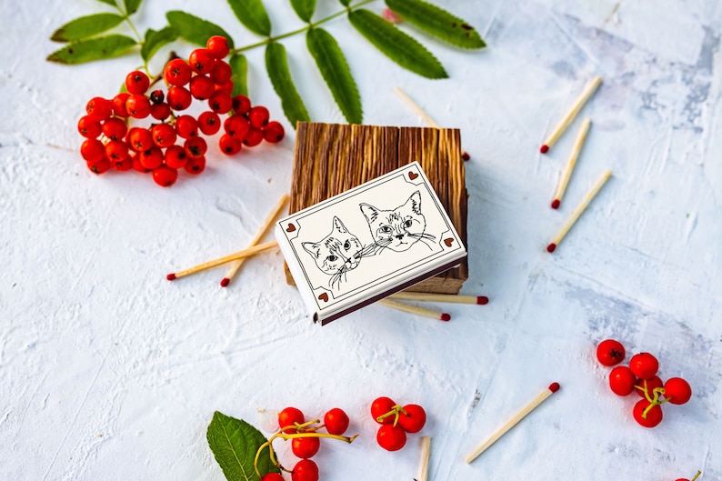 May include: A matchbox with a cat illustration, resting on a wooden block, surrounded by matches and red berries. The matchbox features two cat faces with heart accents. The matches have red tips.