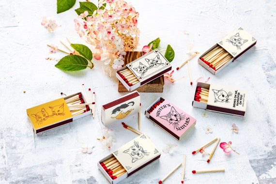Cat Sketch Art Matchboxes - Personalized Matches for Cat Lovers - Custom Cat Wedding Favor Matchbox - Set of Custom Matchboxes with a Sketch