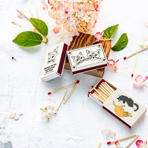 May include: Matchboxes with cat illustrations and the text "DRINKS ON ME, HANGOVER ON YOU!". The matchboxes are cream-colored with maroon accents and contain wooden matches with red tips. The image includes flowers and leaves.