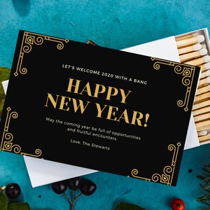 Set van 5 GROTE "Happy NEW YEAR" luciferdoosjes voor gasten, party matchboxes, Great Gatsby party, Home party favor voor gasten, office party