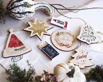 Personalized Christmas Table Setting, Custom Holiday Party Favors, Christmas Matchboxes, Napkins and Wooden Coasters, Holiday Bundle.