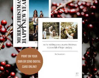 Plantilla de tarjeta de Navidad / Diseño vertical mínimo de Navidad y Año Nuevo - Plantilla CANVA editable - 3 fotos