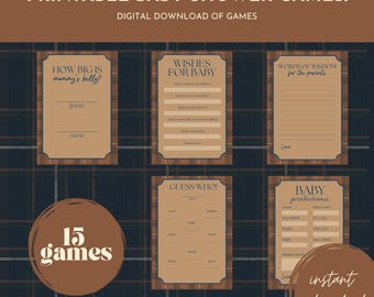 Juegos para baby shower preppy: paquete de 15 juegos (imprimibles) y cartel de bienvenida