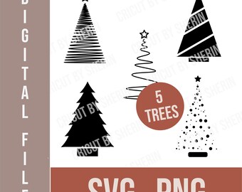 Paquete SVG de árbol de Navidad: diseños minimalistas, 5 archivos PNG (descarga digital)