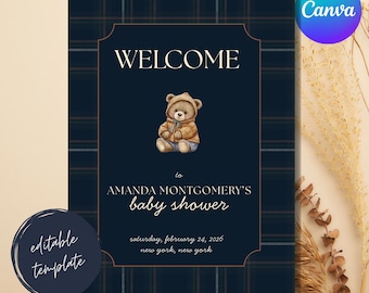 Letrero de bienvenida para baby shower con diseño de osito Polo / Plantilla editable de Canva