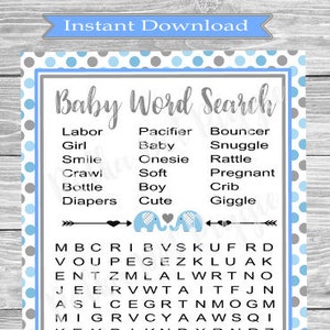 Bebé niño elefante azul y gris búsqueda de palabras juego de baby shower - Descarga digital instantánea