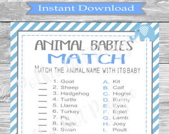 Baby Boy Elephant Blue and Grey Baby Animals Match Baby Shower Game - Instant Digital Download