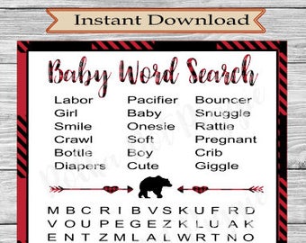 Lumberjack Buffalo Plaid Woodland Baby Shower Word Search Game - Instant Digital Download